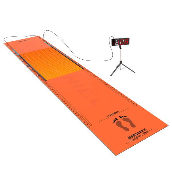 3.6m electronic long jump mat with display on a tripod, on white