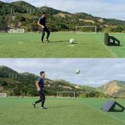 Supplier photo in two panels: the board upright returning the ball low along the ground, and turned upside down returning it high into the air