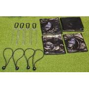 Four carabiners, four steel ground pegs, four elastic straps and four folded water-filled bases