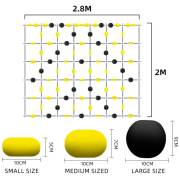 Rebound net 2.8 x 2 m with the three foam ball sizes, 10 x 5, 10 x 7 and 10 x 9 cm