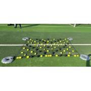 Rebound net set out on an artificial turf pitch with a water base at each corner