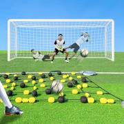 Illustration of a ball bouncing off the rebound net towards a diving goalkeeper
