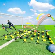 Shot deflecting off the rebound net in front of a goal while the goalkeeper reacts