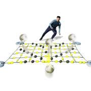Rebound net on a white background with balls deflecting off the foam balls in different directions