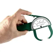 Lange skinfold caliper held in one hand with the thumb on the lever